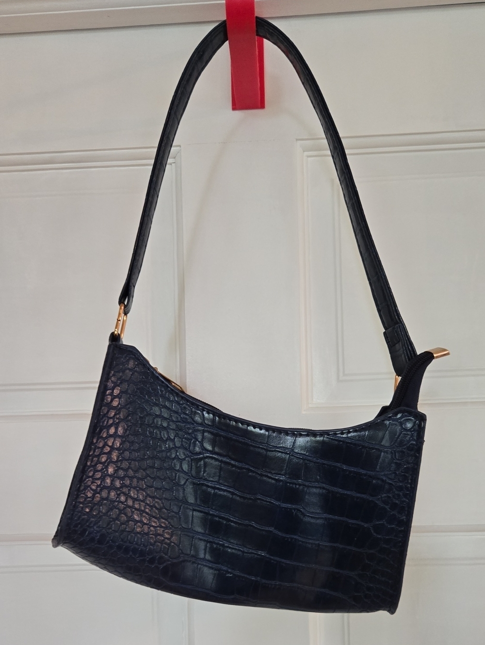 Black Croc-Embossed Shoulder Bag
